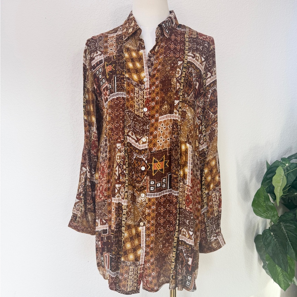 Jane & Delancey Brown Patchwork Patterned Long Sl… - image 1